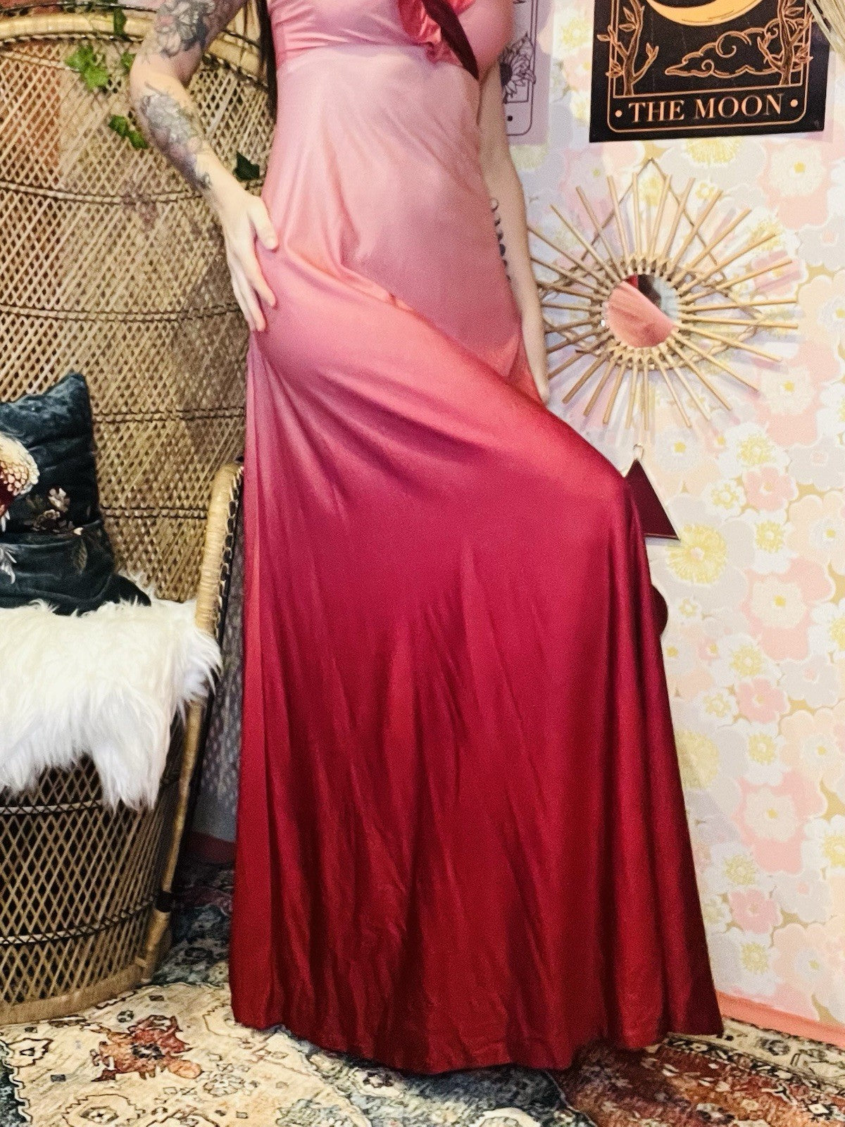 Vintage 70s Cocktail Dress Size 8 Retro Frilly Slinky Evening Gown Ombre Pink