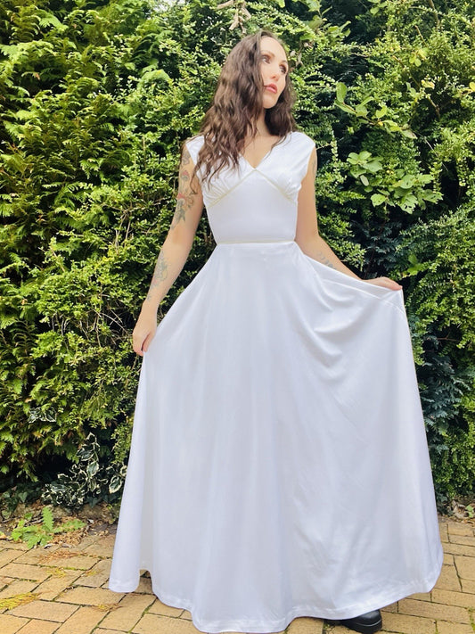Vintage 1970s Maxi Dress, Long Floaty Skirt And Diamanté Detail, White Size 6-8