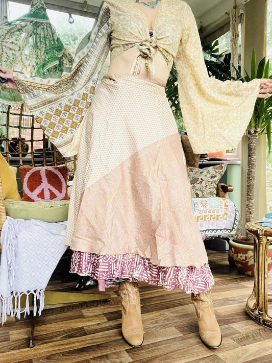 Layered Hippie Maxi Skirt Vintage Sari Silk Hippie Boho Long Gypsy Wrap Skirt