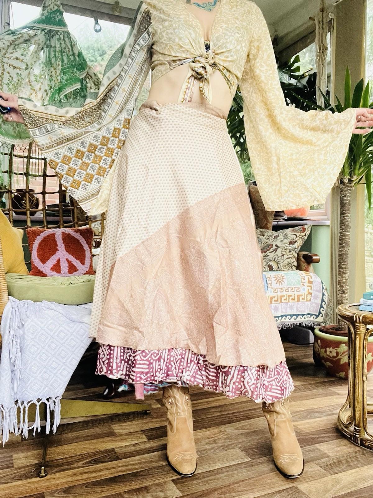 Layered Hippie Maxi Skirt Vintage Sari Silk Hippie Boho Long Gypsy Wrap Skirt