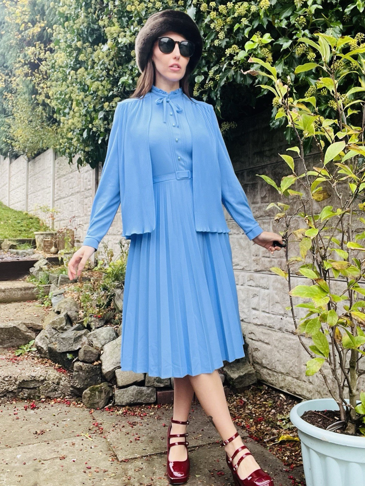 Vintage 80s Tea Dress And Waistcoat Two Piece Set Blue Size 16 Pleated Design