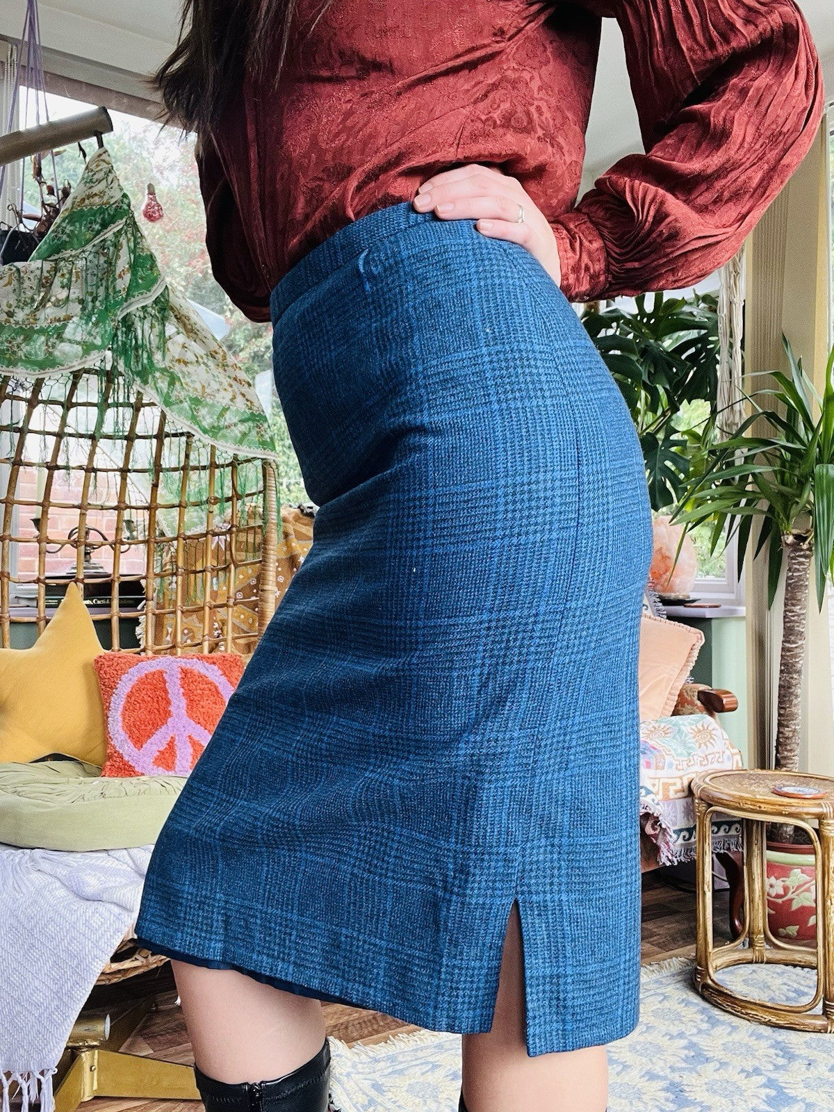Vintage 1980s Office Skirt, High Waist Midi Length Check Work Wear Size 12 Blue