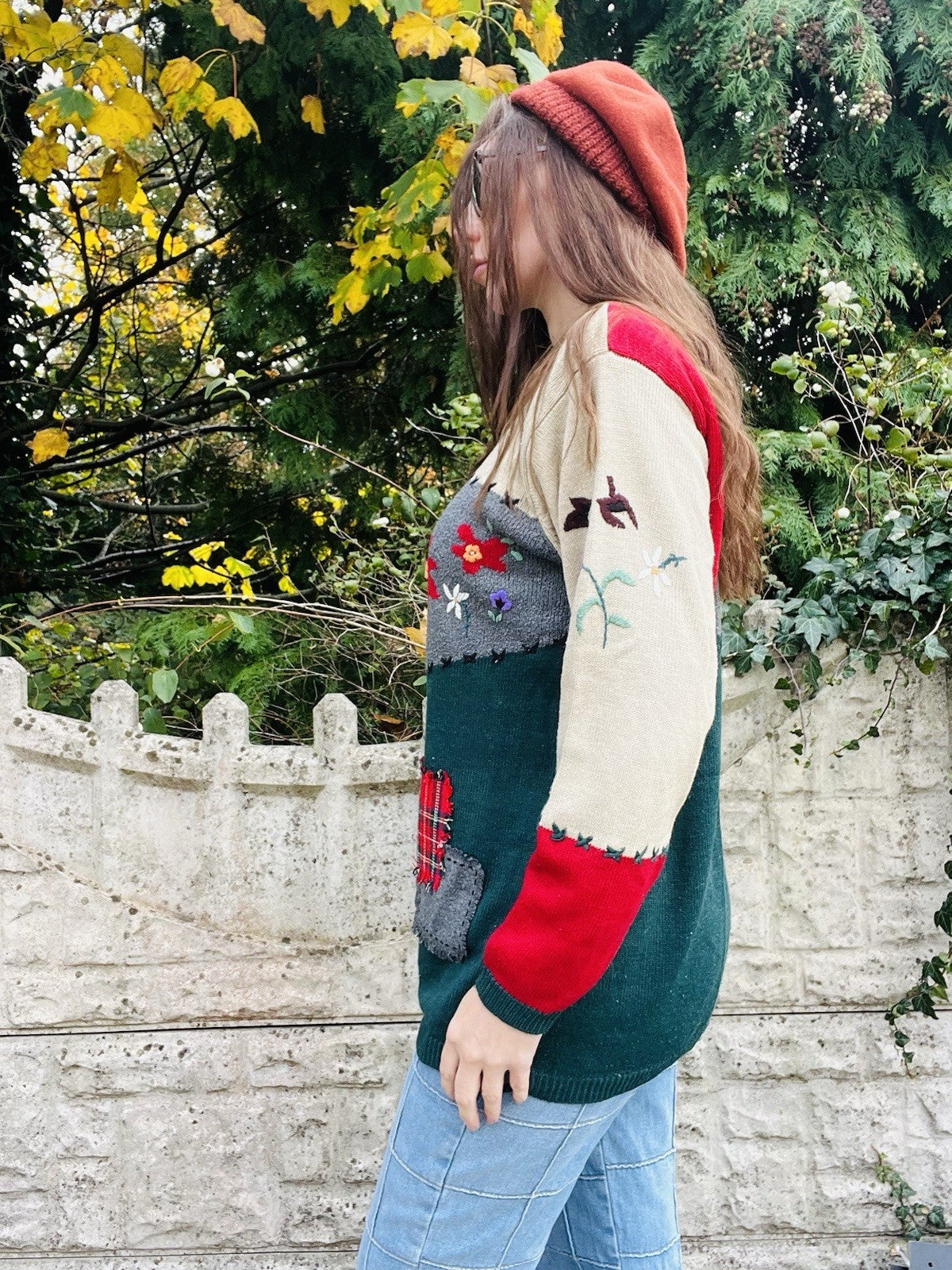 Vintage 90s Knit Jumper By Fabrizio Patchwork Cottagecore Whimsy Sweater Size 10