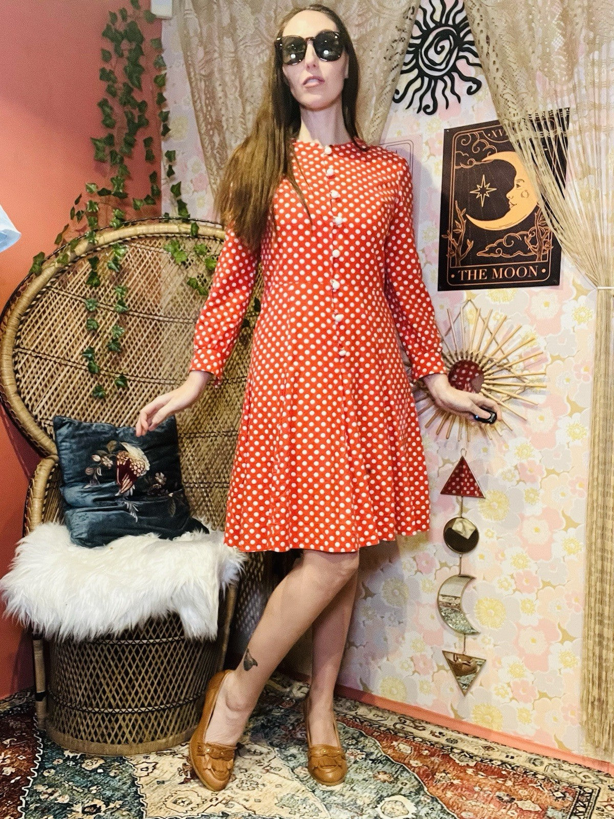 Vintage 60s Day Dress Size 12 Red Retro 1960s Polkadot Long Sleeve Pleated