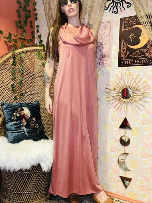 Vintage 1970s Slip Dress Size 10 Pink Retro 70s Slinky Long Cowl Neck  Dress