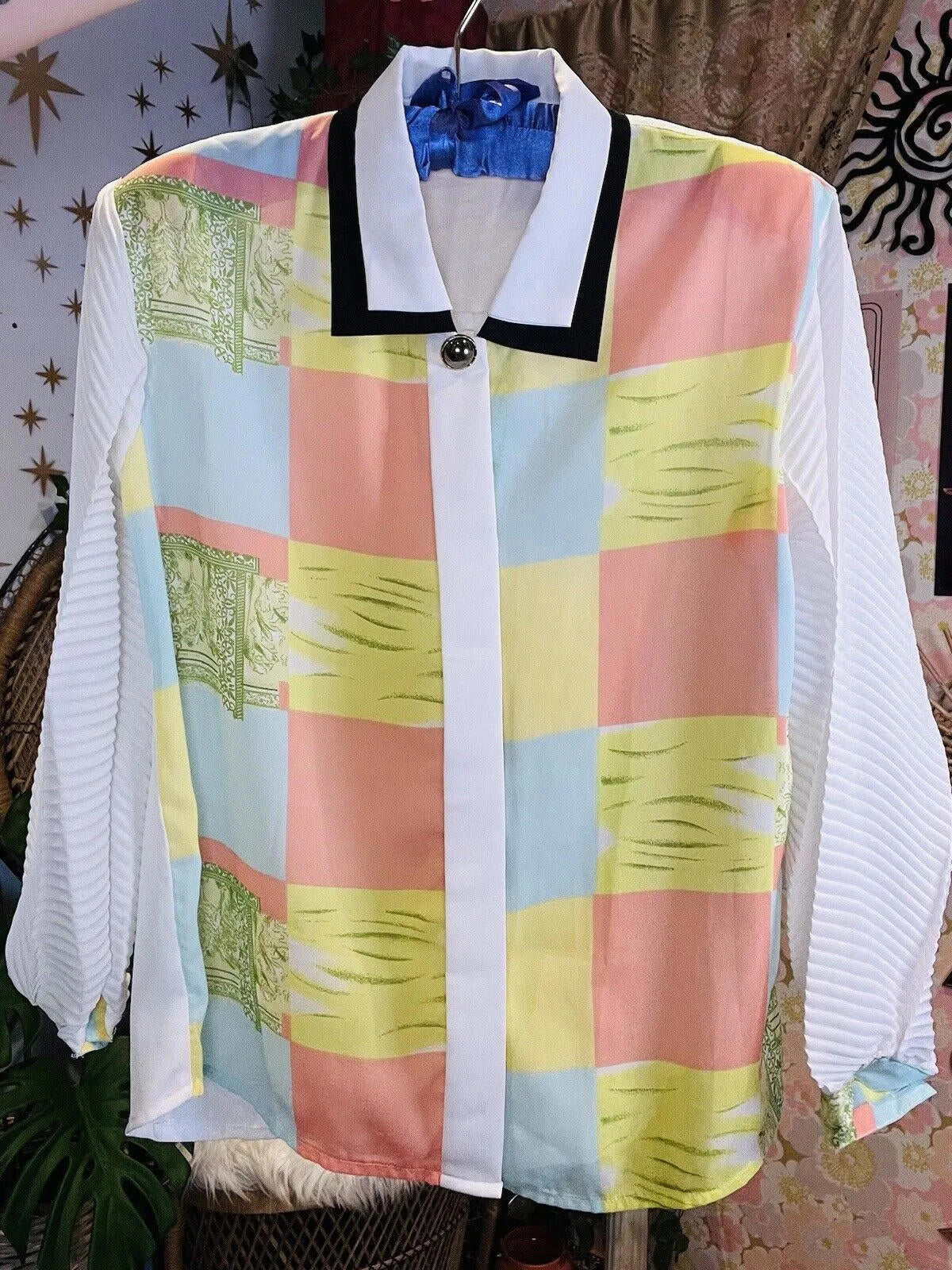 Vintage 1980s Abstract Shirt With Double Collar And Bold Block Print Size 14