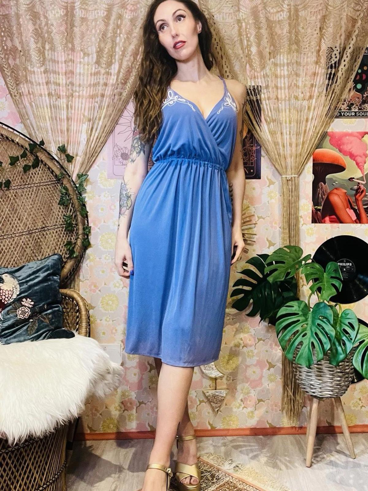 Vintage 1970s Summer Dress By Radley With Embroidered Detail Purple Size 10-12
