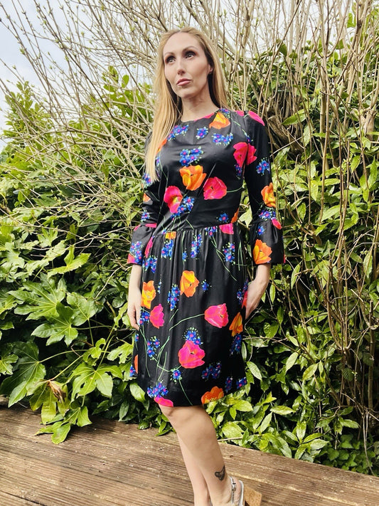 Vintage 1980s Floral Dress Flared Sleeve Assymetric Drop Waist Summer Dress 14