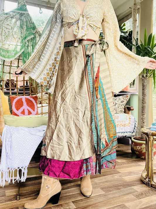 Layered Hippie Maxi Skirt Vintage Sari Silk Hippie Boho Long Gypsy Wrap Skirt