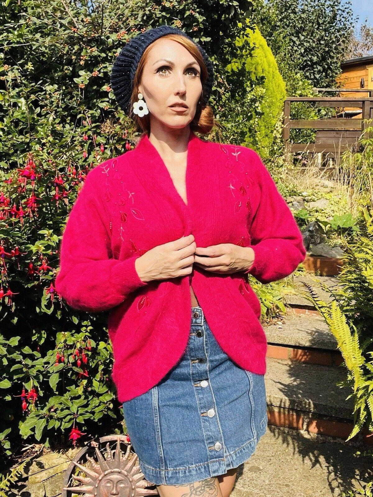 Vintage 1980s Retro Cardigan Fluffy Woolly Knit 1980s Warm Winter Jumper Size M