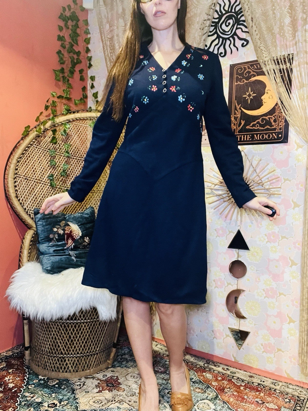 Vintage 1960s Day Dress Blue Size 14 Hippie Boho Had Painted Ditsy Floral Design