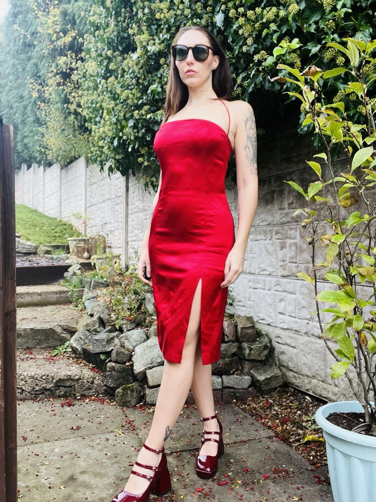 Vintage 90s Pencil Dress Red Size 10 By Klementi Fitted Dress With Thigh Split