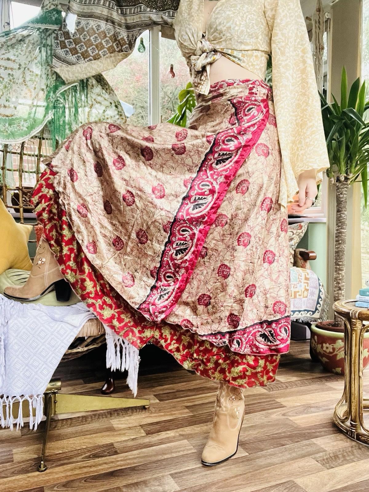 Layered Hippie Maxi Skirt Vintage Sari Silk Hippie Boho Long Gypsy Wrap Skirt