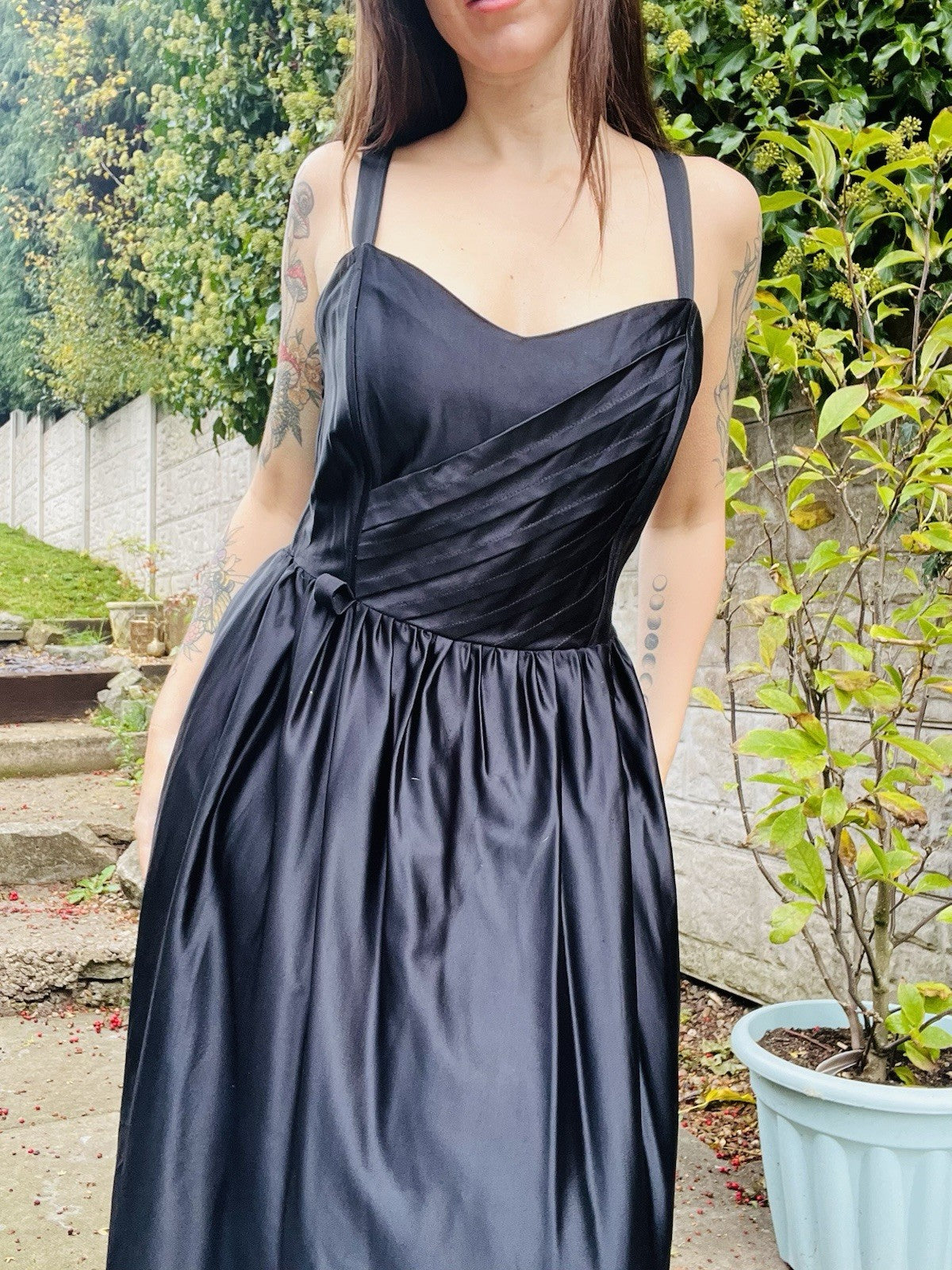 Vintage 1980s Party Dress Black Size 16 Midi Length Strappy Retro Dress