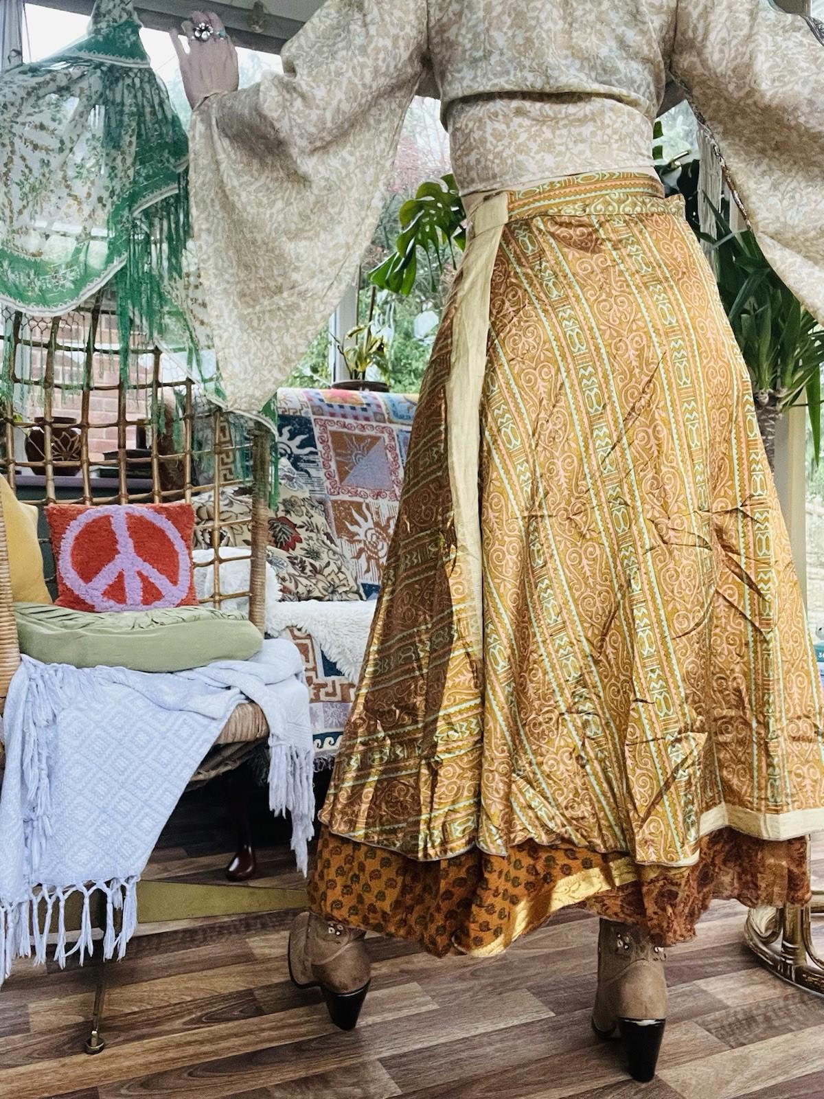 Layered Hippie Maxi Skirt Vintage Sari Silk Hippie Boho Long Gypsy Wrap Skirt