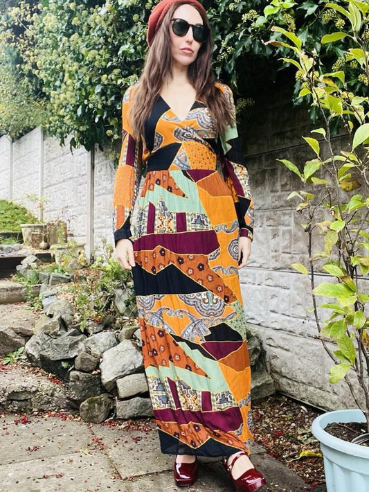 Long Sleeved Maxi Dress By Reserved Size 8 to 10 Orange Boho Hippie Retro Style