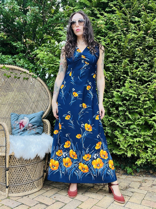 Vintage 1970s Maxi Dress, Long Bold Floral Print Dress - Blue Size 14