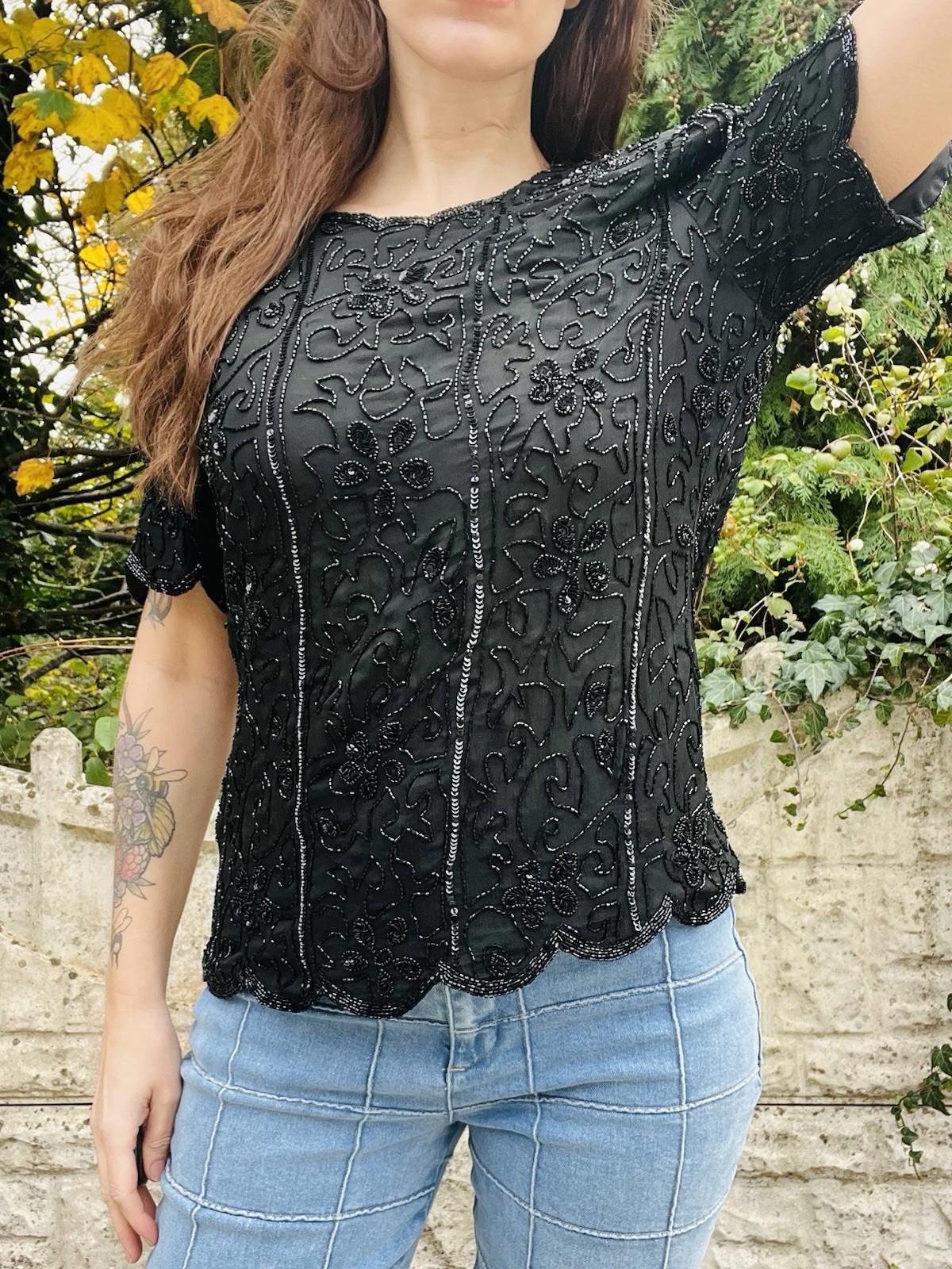 Vintage 1980s Beaded Top Size 14 Black Silk Embellished Sparkly Going Out Blouse