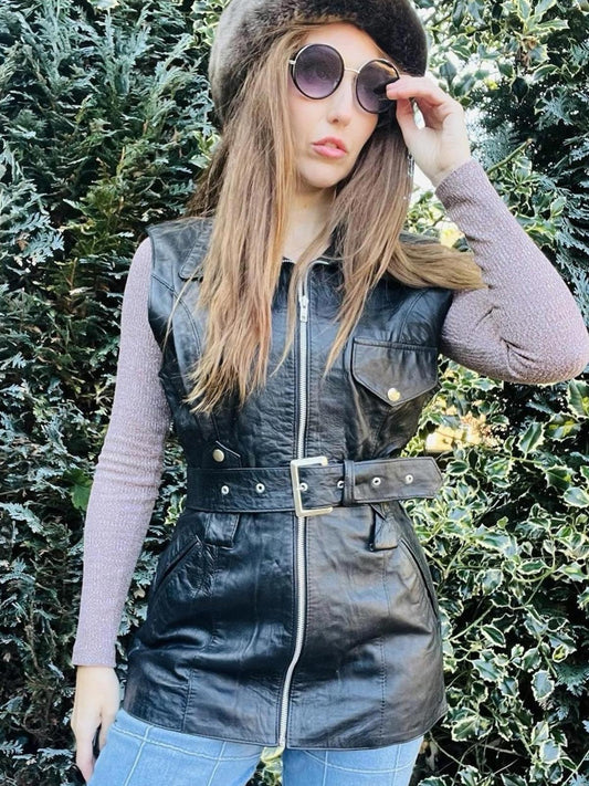 Vintage 70s 80s Leather Gilet  Retro Black Belted Sleeveless Jacket Size 10 12