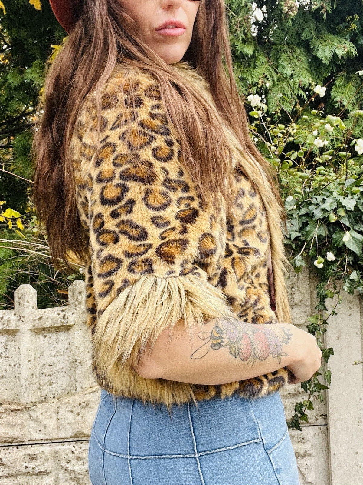 Y2K Faux Fur Coat Vintage Leopard Print Jacket 3/4 Sleeves Size 10-12 Aeromiss