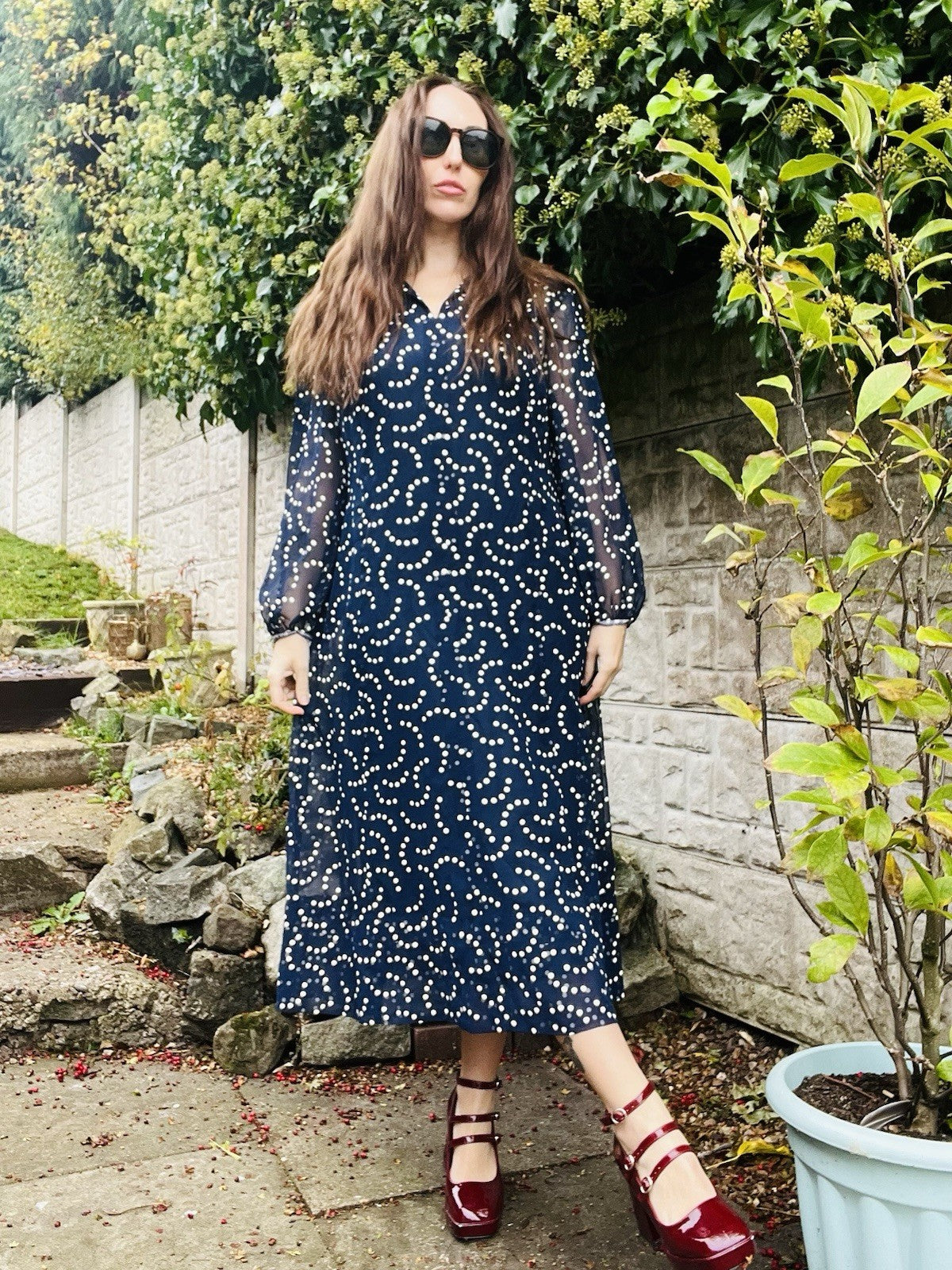 Vintage 80s Polcadot Dress Blue Size 18 Fun Retro 1980s Dress Sheer Puff Sleeves