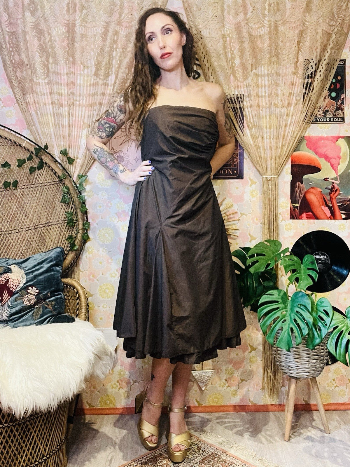 Vintage 1990s Prom Dress Strapless Cocktail Gown Brown Size 14