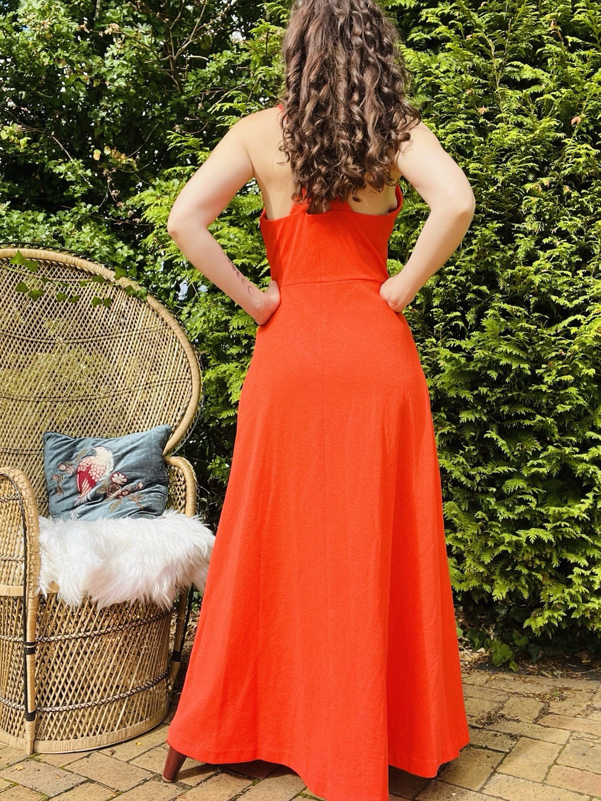 Vintage 1970s Maxi Dress size 12 Long Bold Red Cross Strap A Line Dress