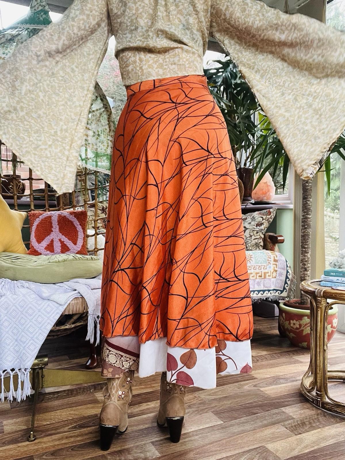 Layered Hippie Maxi Skirt Vintage Sari Silk Hippie Boho Long Gypsy Wrap Skirt