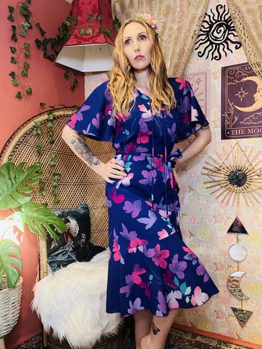 Vintage 1980s Summer Dress Flared Cape Sleeves Bold Floral Print Blue Size 14