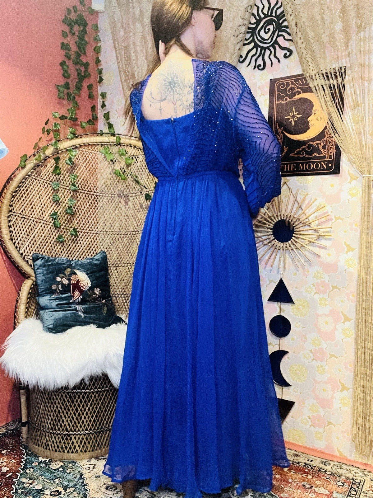 Vintage 80s Cocktail Dress Blue Size 12 Embellished Beaded Sheer Long Sleeves