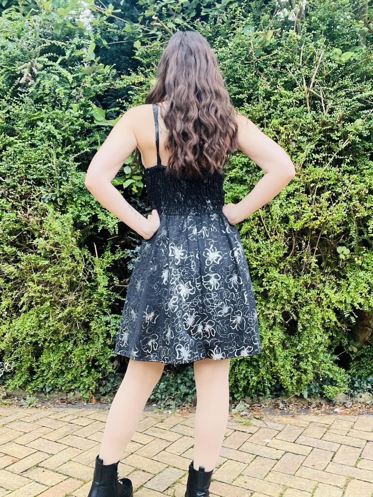 Vintage 1980s Part Dress By C&A Black With Retro Silver Floral Pattern Size 10