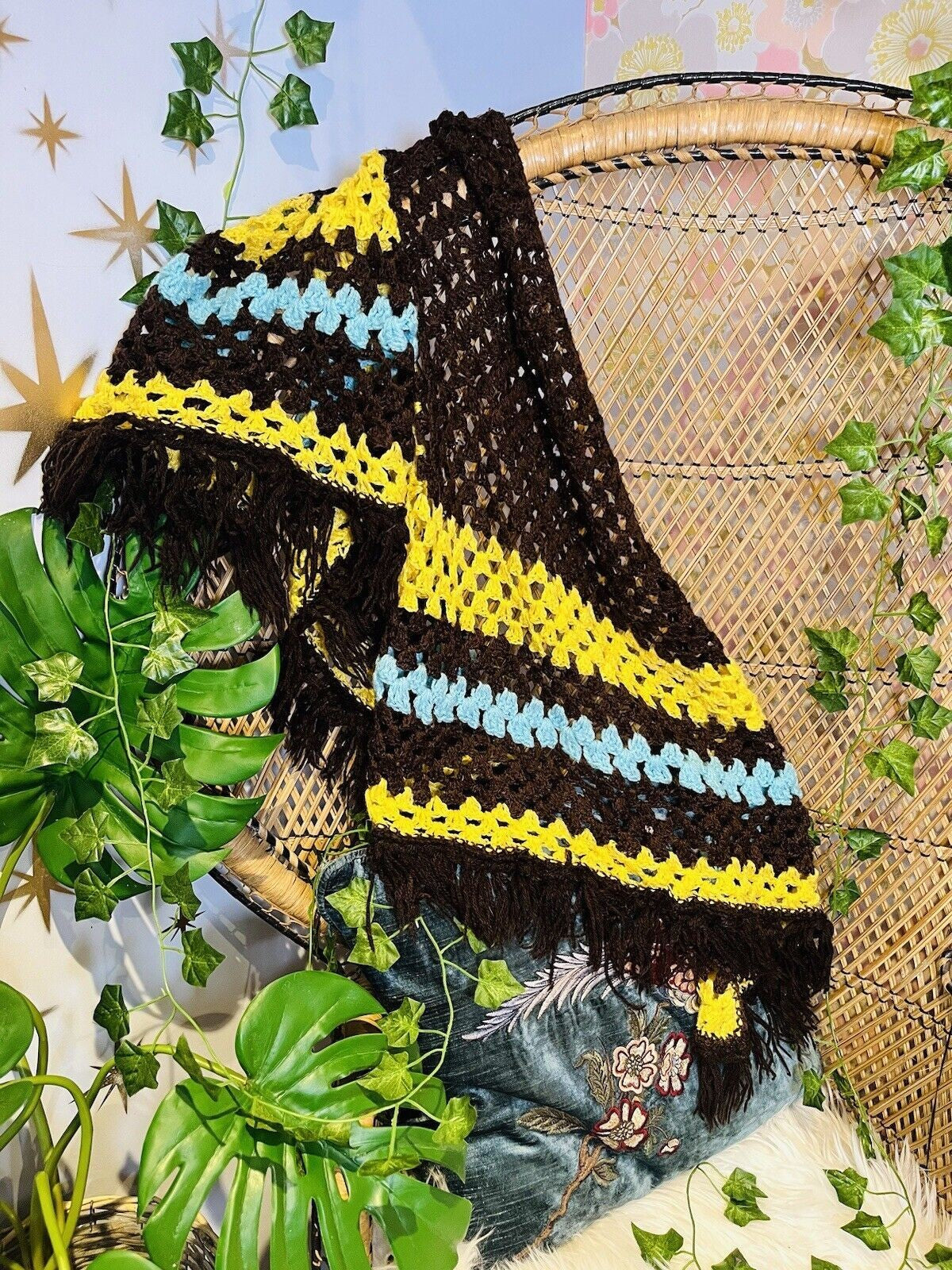 Vintage Knit Crochet Shawl Hippie Boho Triangle Wrap Cape Cottage Whimsy Scarf