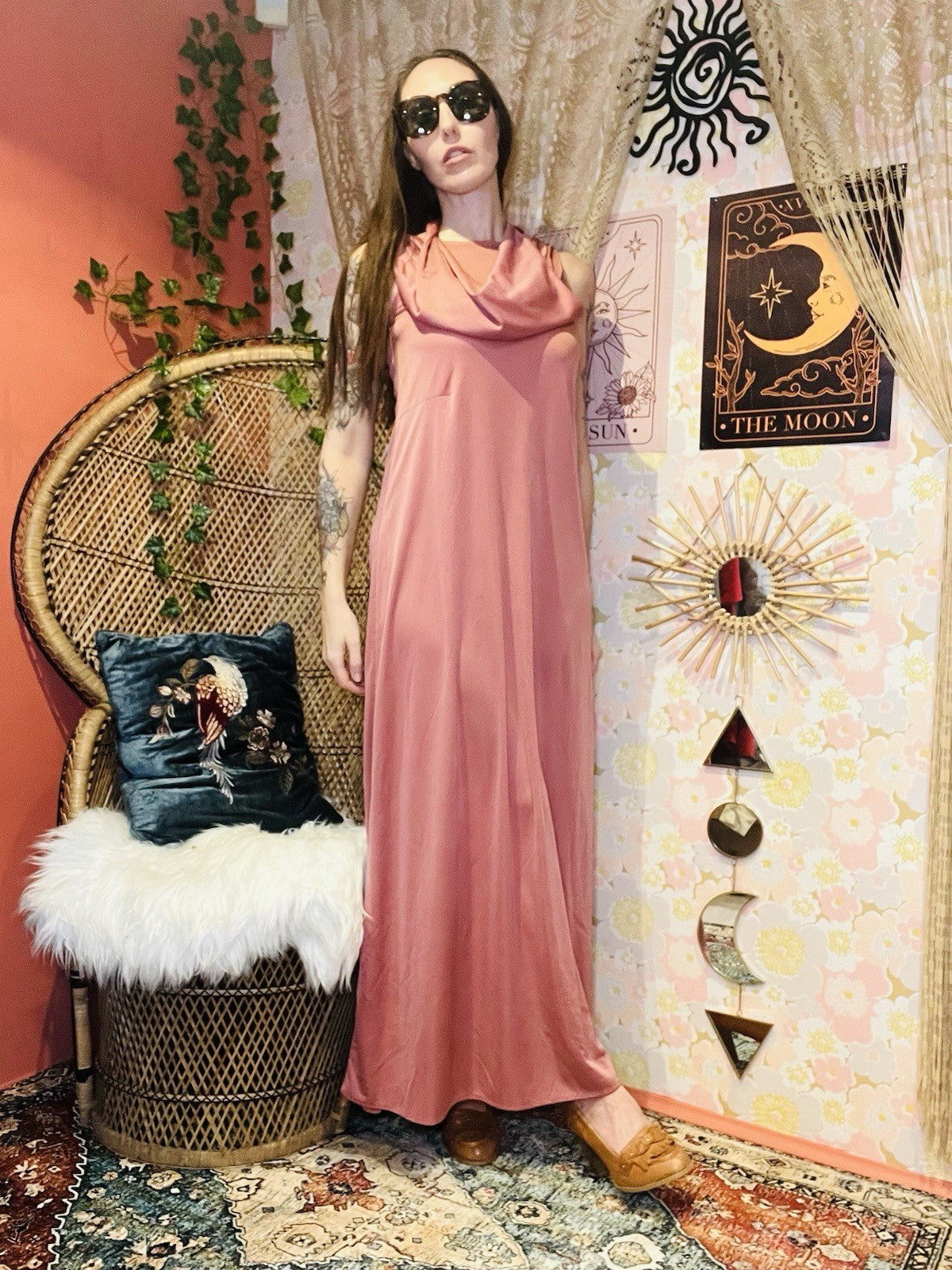 Vintgage 70s Slip Dress Size 10 Pink Retro 1970s Slinky Long Cowl Neck  Dress