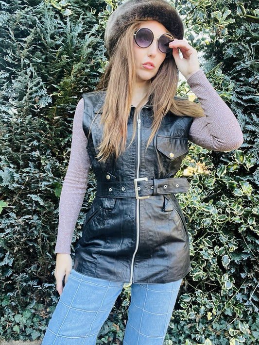 Vintage 70s 80s Leather Gilet, Retro Black Belted Sleeveless Jacket Size 10-12