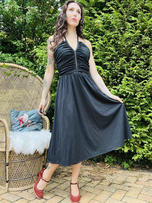 Vintage 1980s Party Dress Black Floaty Rouched Waist Strappy Dress Size 12