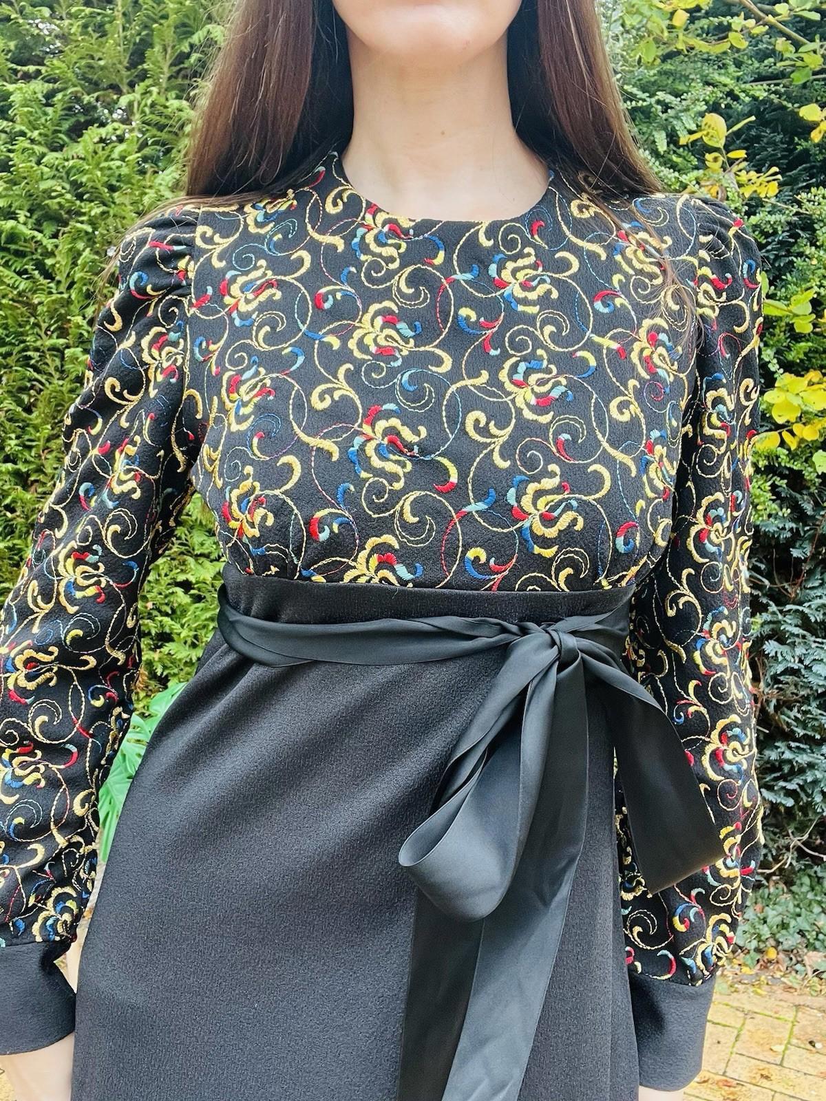 Vintage 1960s Maxi Dress Long Sleeve Embroidered Hippie Boho Tie Waist Dress 10