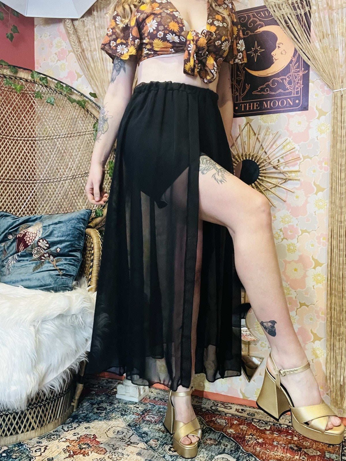 Vintage 1990s Sheer Skirt With Shorts And Slit Elasticated Waist Skort Black S