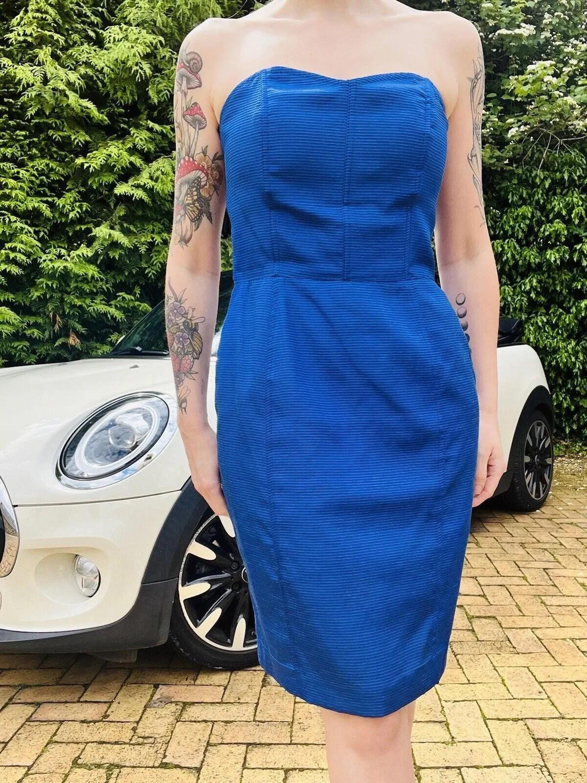 Vintage 1980s cocktail Dress Blue Size 12 fitted strapless pencil retro cocktail
