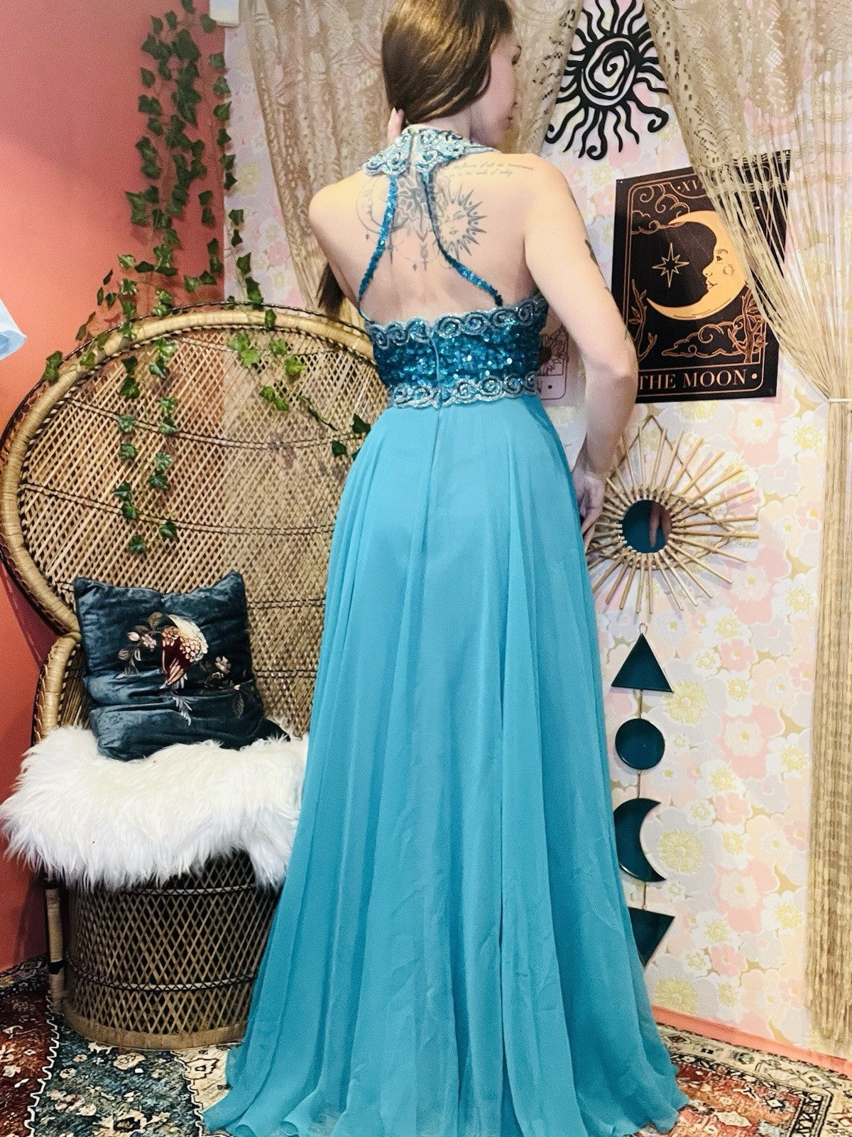 Vintage 70s 80s Dress Size 8 Teal Blue Designer Mike Benet Sequin Ball Gown