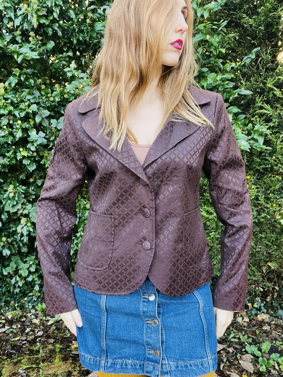 Retro Brown Blazer Jacker By Miss Real Vintage With Mod 70s Print Size 12