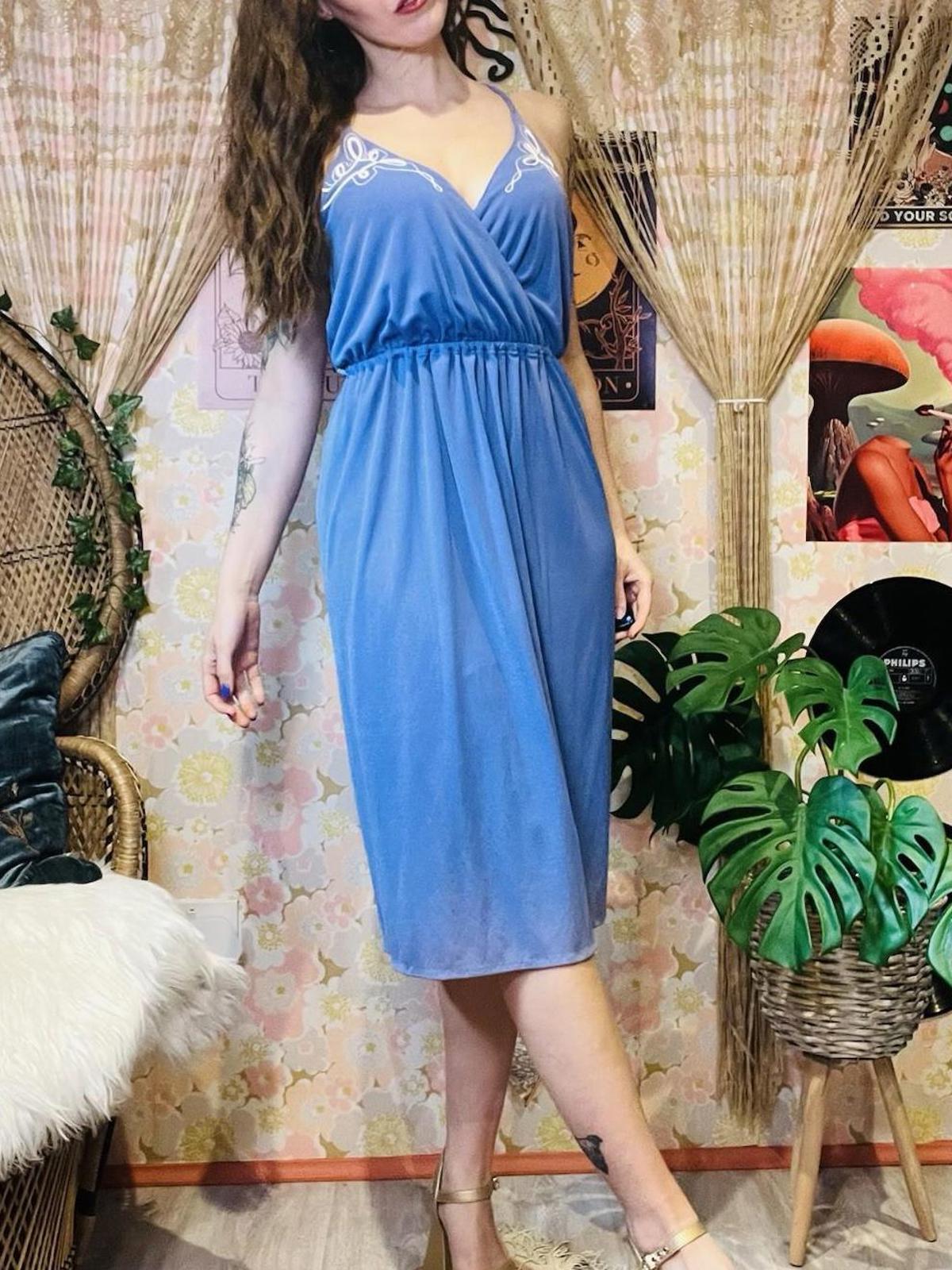 Vintage 1970s Summer Dress By Radley With Embroidered Detail Purple Size 10-12