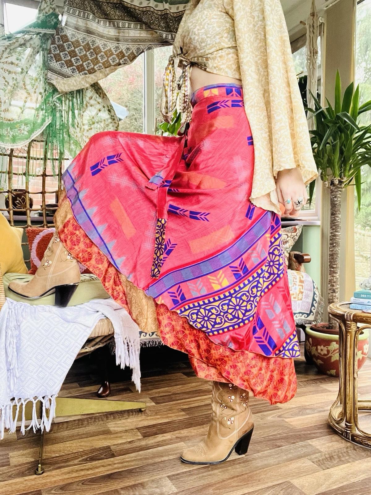 Layered Hippie Maxi Skirt Vintage Sari Silk Hippie Boho Long Gypsy Wrap Skirt