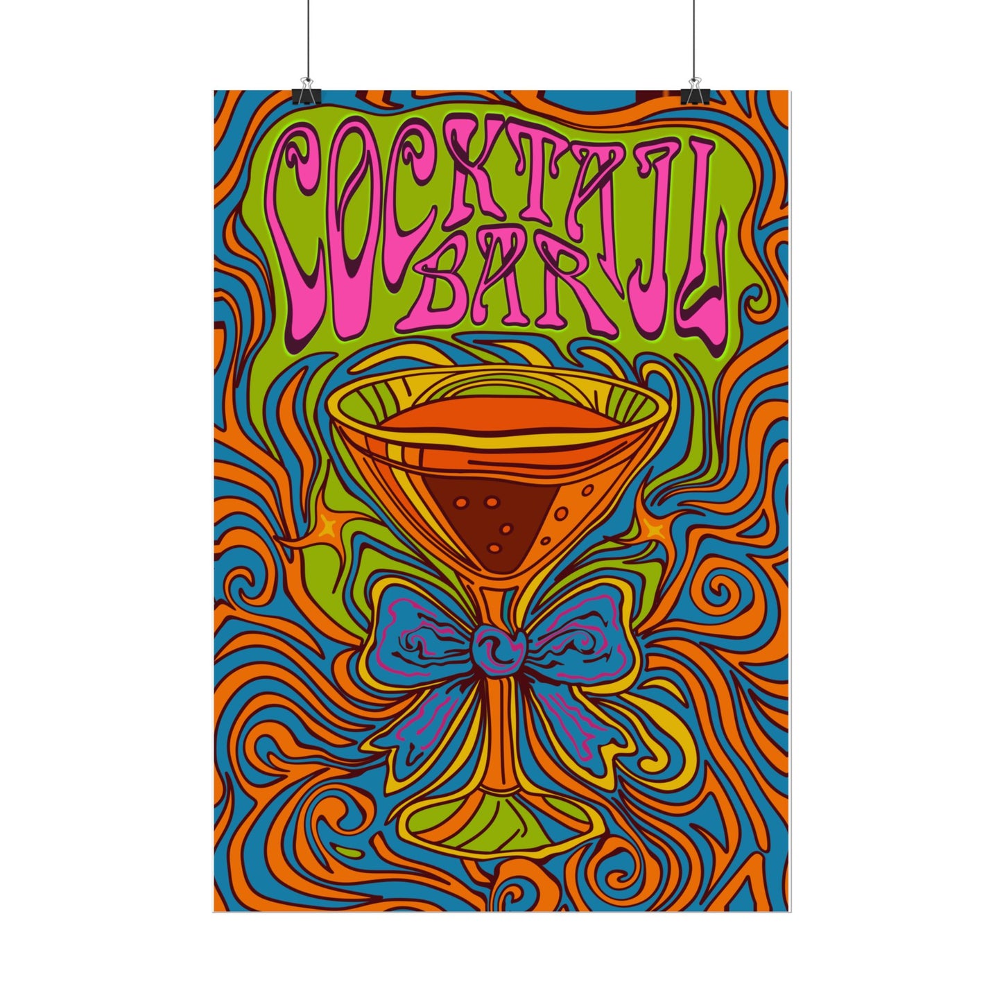 Cocktail Bar Poster, Colourful Retro Prosecco Wall Art, Psychedelic Alcohol Drinking Home Decor Print