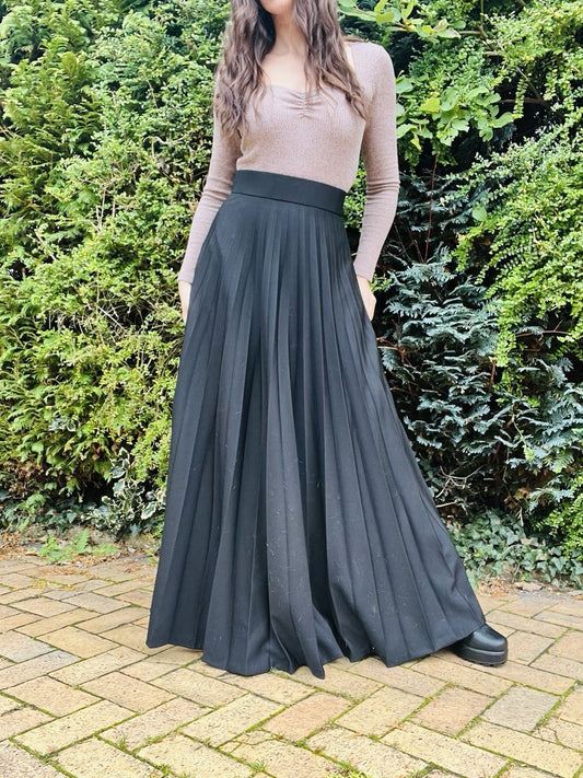 Vintage 1960s Maxi Skirt, High Waist Long Retro Pleated Black Size 10