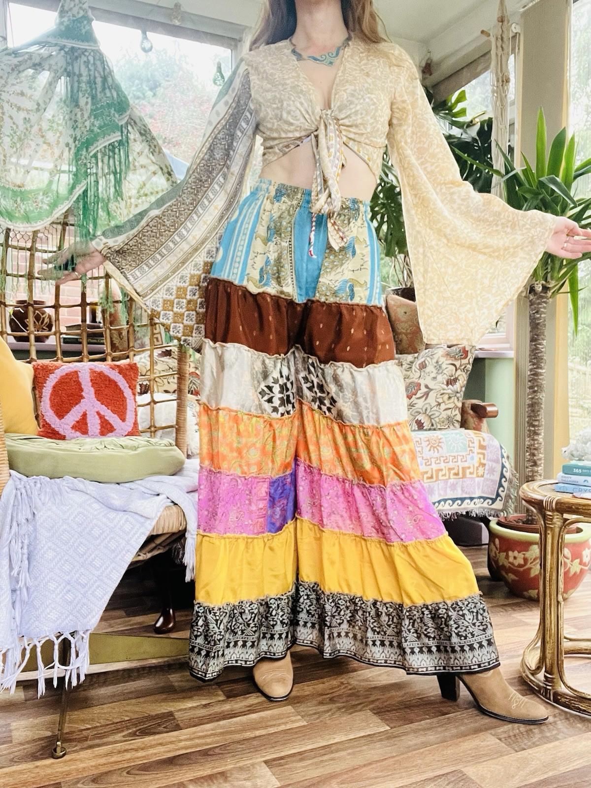 Wide Leg Trousers Vintage Patchwork Layered Sari Silk Hippie Boho Gypsy Pants M