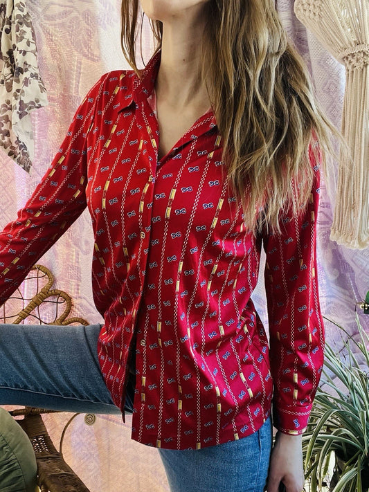 Vintage Blouse Bold Retro Print Collared Shirt Casual Or Formal Office Workwear