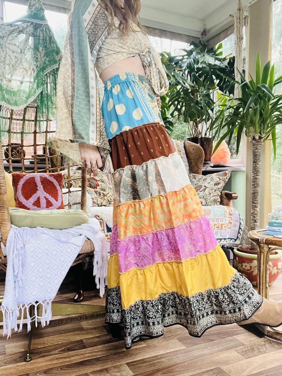 Wide Leg Trousers Vintage Patchwork Layered Sari Silk Hippie Boho Gypsy Pants M