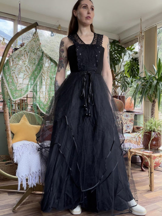 Vintage 1980s Cocktail Dress Black Lace and Tulle Party Gown Size 6