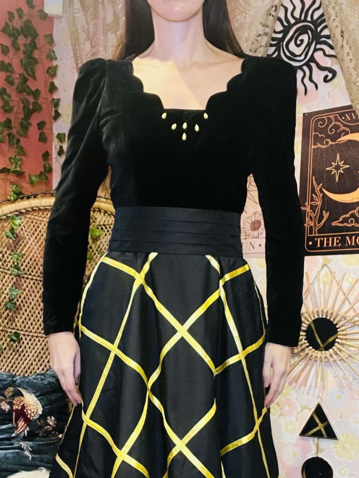 Vintage 80s Cocktail Dress Size 8 Black Velvet Bodice And Yellow Puffy Skirt