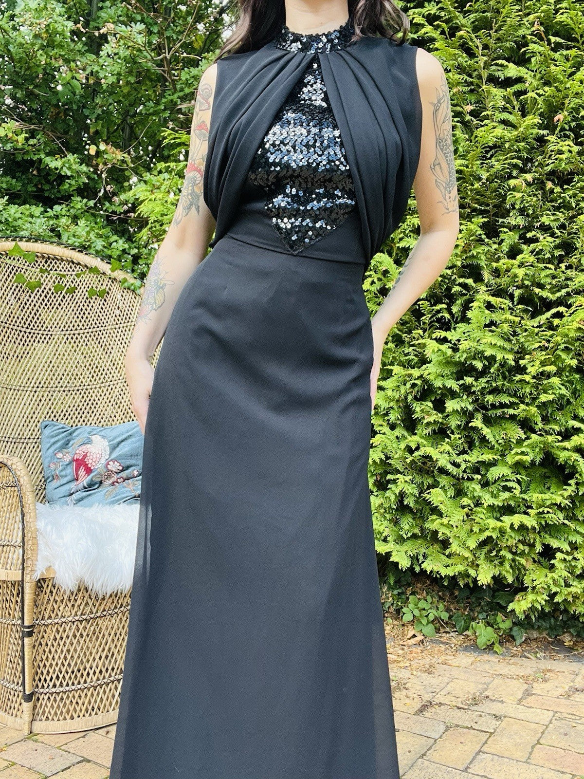 Vintage 1990s Cocktail Dress Long Cinched Waist With High Neck Sequins Black 14